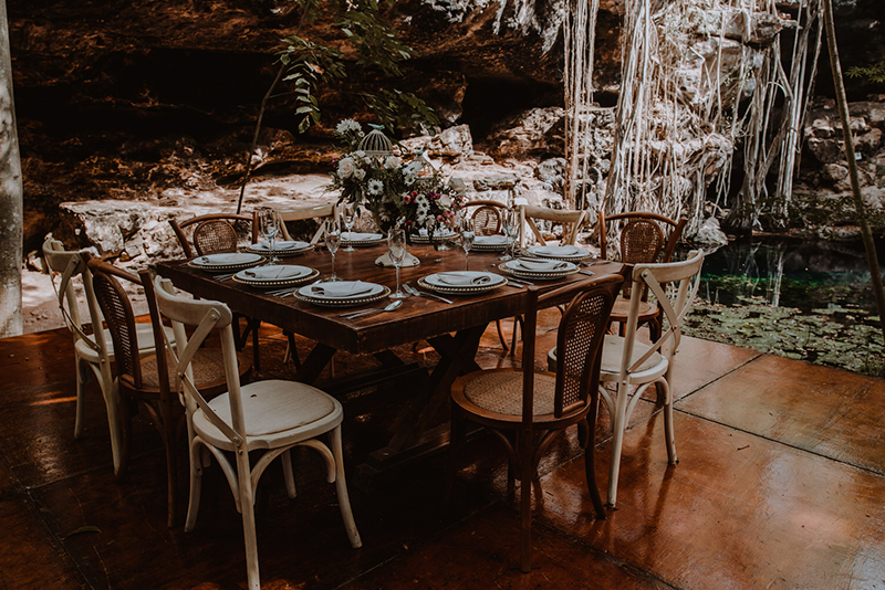 wooden tables for cenote wedding 